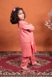 Carrot Pink Reyon Chikankari Kids Dress - Carrot Pink, 34