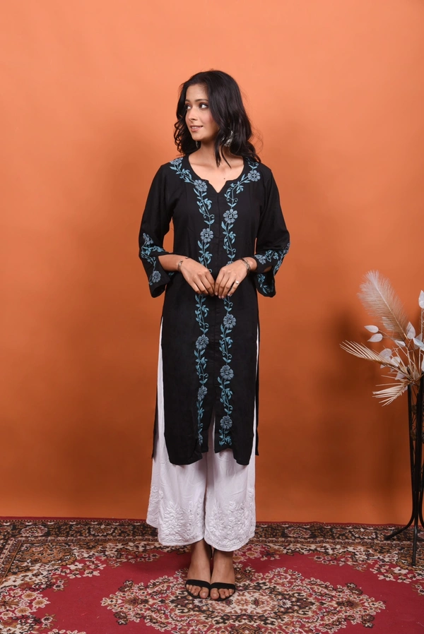 Black Chikankari Stylish Straight Long Kurti