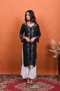 Black Chikankari Stylish Straight Long Kurti - Black, 2XL(44)