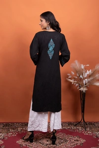 Black Chikankari Stylish Straight Long Kurti - Black, 2XL(44)