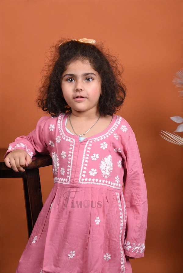 Onion Pink Kids Chikankari Naira Style Dress
