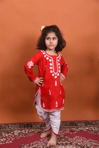 Red Chikankari Kidswear Dhoti Set - Red, 24