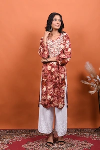 Reyon Gold Print Chikankari Straight Long Kurti- Rusty Pink - Rusty Pink, 4XL(48)