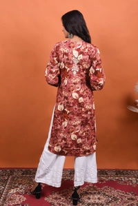 Reyon Gold Print Chikankari Straight Long Kurti- Rusty Pink - Rusty Pink, 4XL(48)
