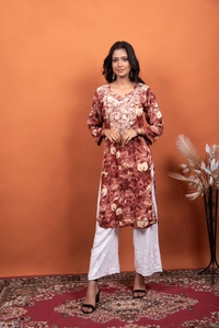 Reyon Gold Print Chikankari Straight Long Kurti- Rusty Pink - Rusty Pink, 4XL(48)