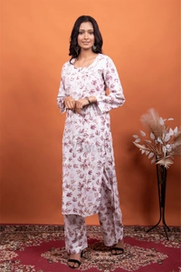 Beautiful Chikankari Mulmul Print Kurti Plazo Set - Wine Print, M(38)