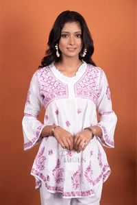 White Chikankari Frill Neck Coord Set(Onion Pink) - White, M(38)