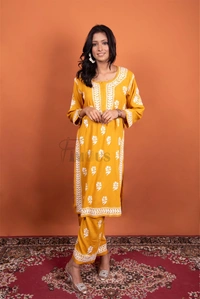 Mustard Chikankari Kurti Plazo Set - Mustard, L(40)