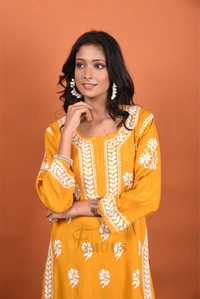 Mustard Chikankari Kurti Plazo Set - Mustard, L(40)