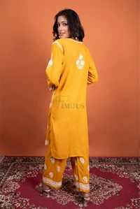 Mustard Chikankari Kurti Plazo Set - Mustard, L(40)