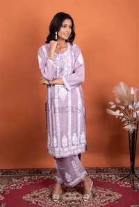 Lavender Chikankari Kurta Plazo Set - Lavender, L(40)