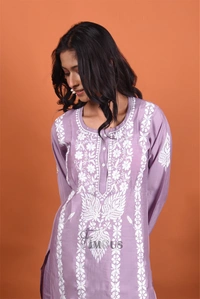 Lavender Chikankari Kurta Plazo Set - Lavender, L(40)