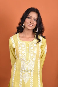 Dhani Chikankari Kurta Plazo Set - Dhani(Yellowish Green), M(38)