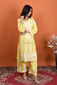 Dhani Chikankari Kurta Plazo Set - Dhani(Yellowish Green), L(40)