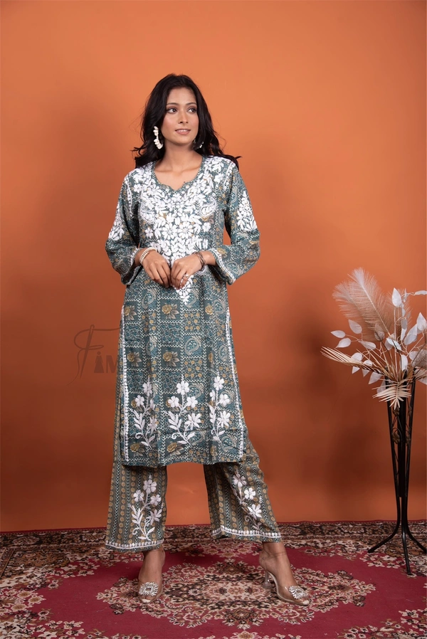 Blue Modal Print Chikankari Kurta Plazo Set