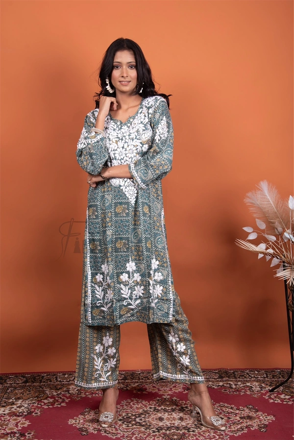 Blue Modal Print Chikankari Kurta Plazo Set