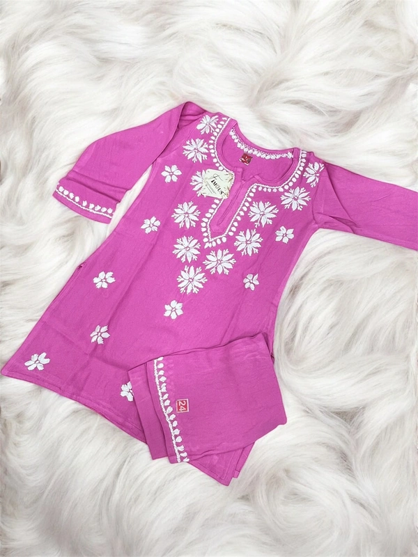 Magenta Pink Reyon Chikankari Kids Dress