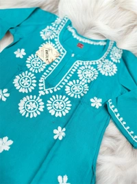 Firozi Blue Reyon Chikankari Kids Dress - Firozi Blue, 36