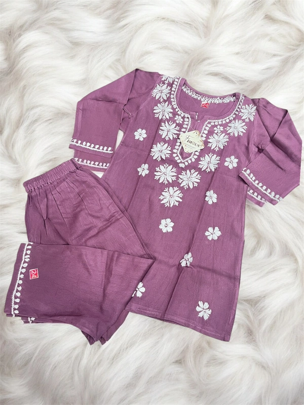 Dark Wine Reyon Chikankari Kids Dress