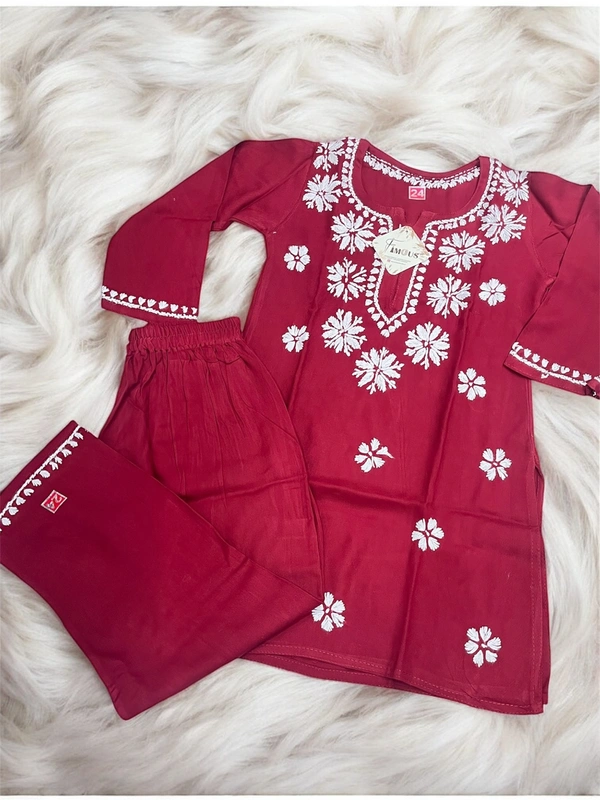 Maroon Reyon Chikankari Kids Dress