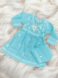 Turquoise Angarkha Style Chikankari Kids Dress - Turquoise, 16