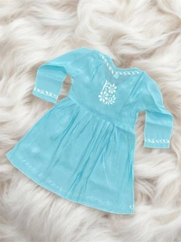Turquoise Angarkha Style Chikankari Kids Dress - Turquoise, 18
