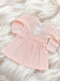 Peach Angarkha Style Chikankari Kids Dress - Peach, 36