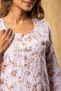 Beautiful Chikankari Mulmul Print Kurti Plazo Set-Beige - Beige Print, M(38)