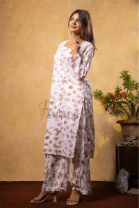 Beautiful Chikankari Mulmul Print Kurti Plazo Set-Beige - XL(42), Beige Print