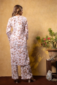 Beautiful Chikankari Mulmul Print Kurti Plazo Set-Beige - XL(42), Beige Print