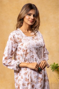 Beautiful Chikankari Mulmul Print Kurti Plazo Set-Beige - Beige Print, 3XL(46)