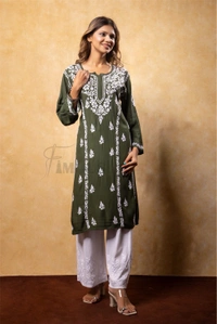 Bottle Green Chikankari Kali Style Long Kurti - Bottle Green, XL(42)