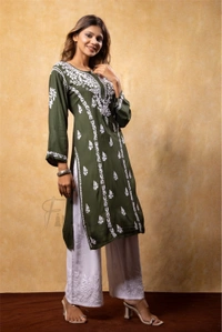 Bottle Green Chikankari Kali Style Long Kurti - Bottle Green, 2XL(44)