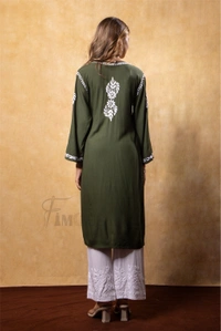 Bottle Green Chikankari Kali Style Long Kurti - Bottle Green, 2XL(44)