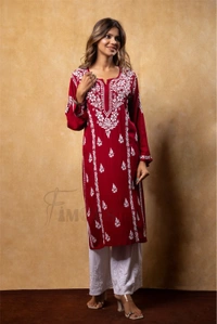 Maroon Chikankari Kali Style Long Kurti - Maroon, XL(42)