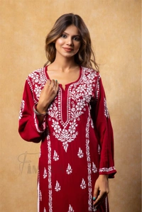 Maroon Chikankari Kali Style Long Kurti - Maroon, XL(42)