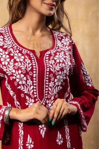 Maroon Chikankari Kali Style Long Kurti - Maroon, XL(42)