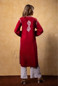 Maroon Chikankari Kali Style Long Kurti - Maroon, XL(42)
