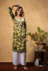 Reyon Gold Print Chikankari Straight Long Kurti- Mehndi Green - Mehndi Green, 2XL(44)