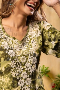 Reyon Gold Print Chikankari Straight Long Kurti- Mehndi Green - Mehndi Green, 2XL(44)