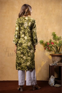 Reyon Gold Print Chikankari Straight Long Kurti- Mehndi Green - Mehndi Green, 2XL(44)