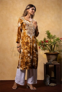 Reyon Gold Print Chikankari Straight Long Kurti- Mustard - Mustard, L(40)