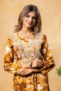 Reyon Gold Print Chikankari Straight Long Kurti- Mustard - Mustard, L(40)