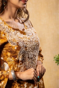 Reyon Gold Print Chikankari Straight Long Kurti- Mustard - Mustard, L(40)