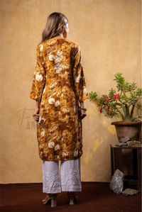 Reyon Gold Print Chikankari Straight Long Kurti- Mustard - Mustard, L(40)