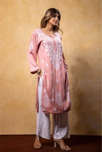 Peach Chikankari Satin Reyon Long Kurti - Peach, 2XL(44)