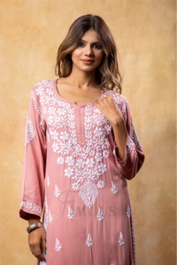 Peach Chikankari Satin Reyon Long Kurti - Peach, 2XL(44)