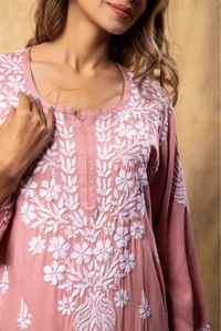 Peach Chikankari Satin Reyon Long Kurti - Peach, 2XL(44)