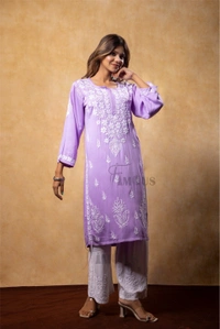 Lilac Chikankari Satin Reyon Long Kurti - 4XL(48), Lilac