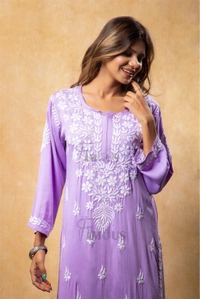 Lilac Chikankari Satin Reyon Long Kurti - 4XL(48), Lilac